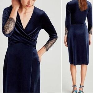 Zara Velvet Lace Midi Dress Navy Blue Formal